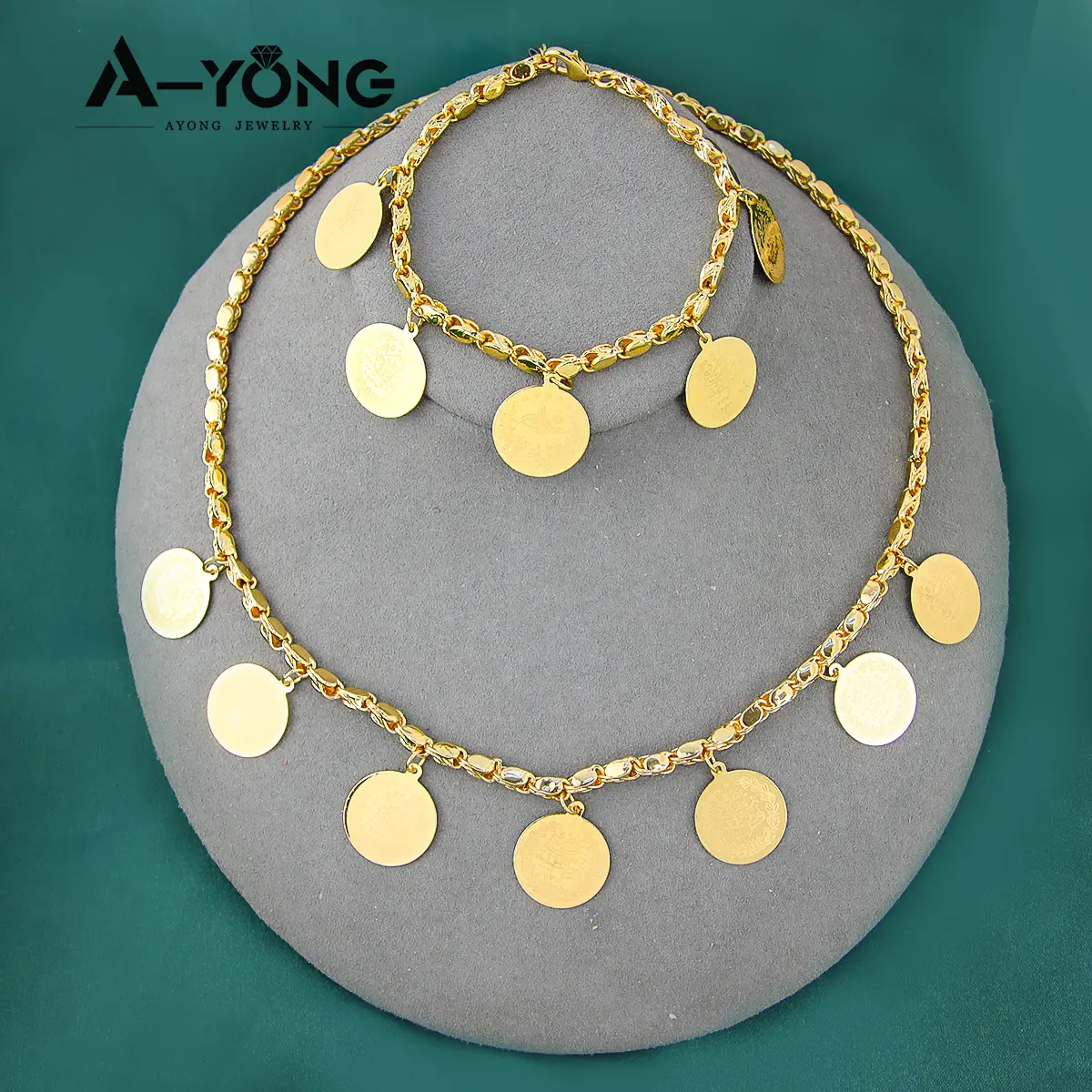 Hot Simple Style Brass Dubai Gold Plated Arabic Coin Jewelry Set Necklace Bracelet Set For Women
