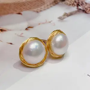 Moda Piercing takı küpe yarım daire inci 14K altın kaplama paslanmaz çelik Dangle takı