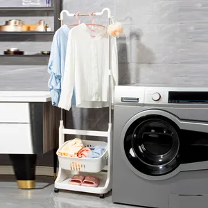 Wholesale price bathroom rack home organizer rolling rack double layer wheeled plastic clothes drying rack with basket