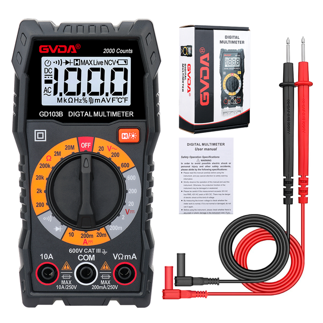GVDA Top Selling 2000 Counts AC DC 600V Mini Digital Multimeter with Ohm Volt Amp and Continuity Test Diode Voltage Tester
