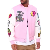 Bomber bordado chenille manga de couro personalizado, peça estilo beisebol bomber bordado por atacado, varsidade rosa, jaqueta casual masculina