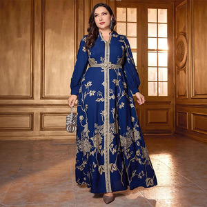 Nova Abaya Tradicional Islâmica Azul Marinho com Detalhes Florais Dourados para Mulheres da Arábia Saudita e do Golfo, Roupas Modestas Muçulmanas - Product Image 1