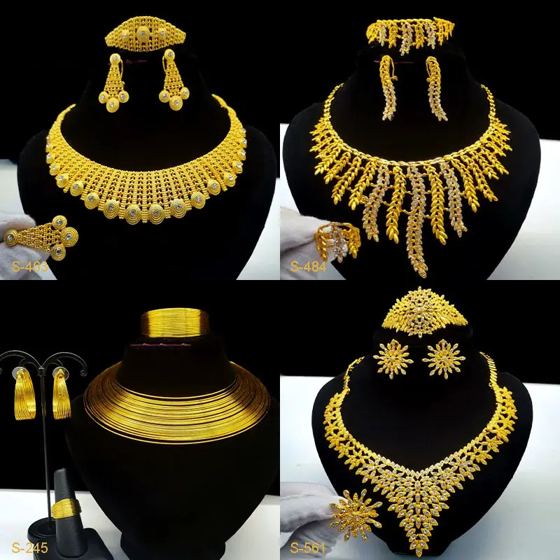 Conjunto de joias indianas banhadas a ouro 24K para mulheres africanas, colar de casamento, brincos e pulseiras, anel de brincadeira para mulheres, Dubai, atacado