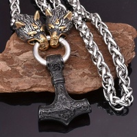 Collier Pendentif Marteau Rune Vintage en Forme d'Animal Tête de Loup pour Hommes, Style Punk Nordique Viking, Chaîne en Alliage Bambou, Bijoux KunHong