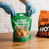 Sac d'emballage personnalisé imprimé pour micro-ondes avec fermeture à glissière refermable pour épicerie fine Rôtisserie de poulet chaud Sac d'emballage pour poulet rôti frit entier
