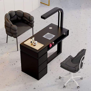 Table à ongles moderne avec collecteur de poussière, plateau en cuir PU, poste de travail minimaliste pour salon de manucure, ensemble avec deux chaises - Product Image 6