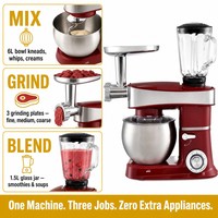 Robot culinaire multifonction SOHEF 6L 1200W 3-en-1 avec hachoir à viande, mixeur en verre, batteur sur socle 6 vitesses, fonction pulse et écran LED