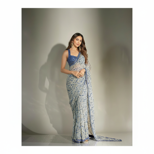 CRÉATEUR GEORGETTE BRODERIE MAIN MIROIR DENTELLE BORDER TRAVAIL SAREE AVEC BLOUSE NON COUCHÉE BLEU - Product Image 1
