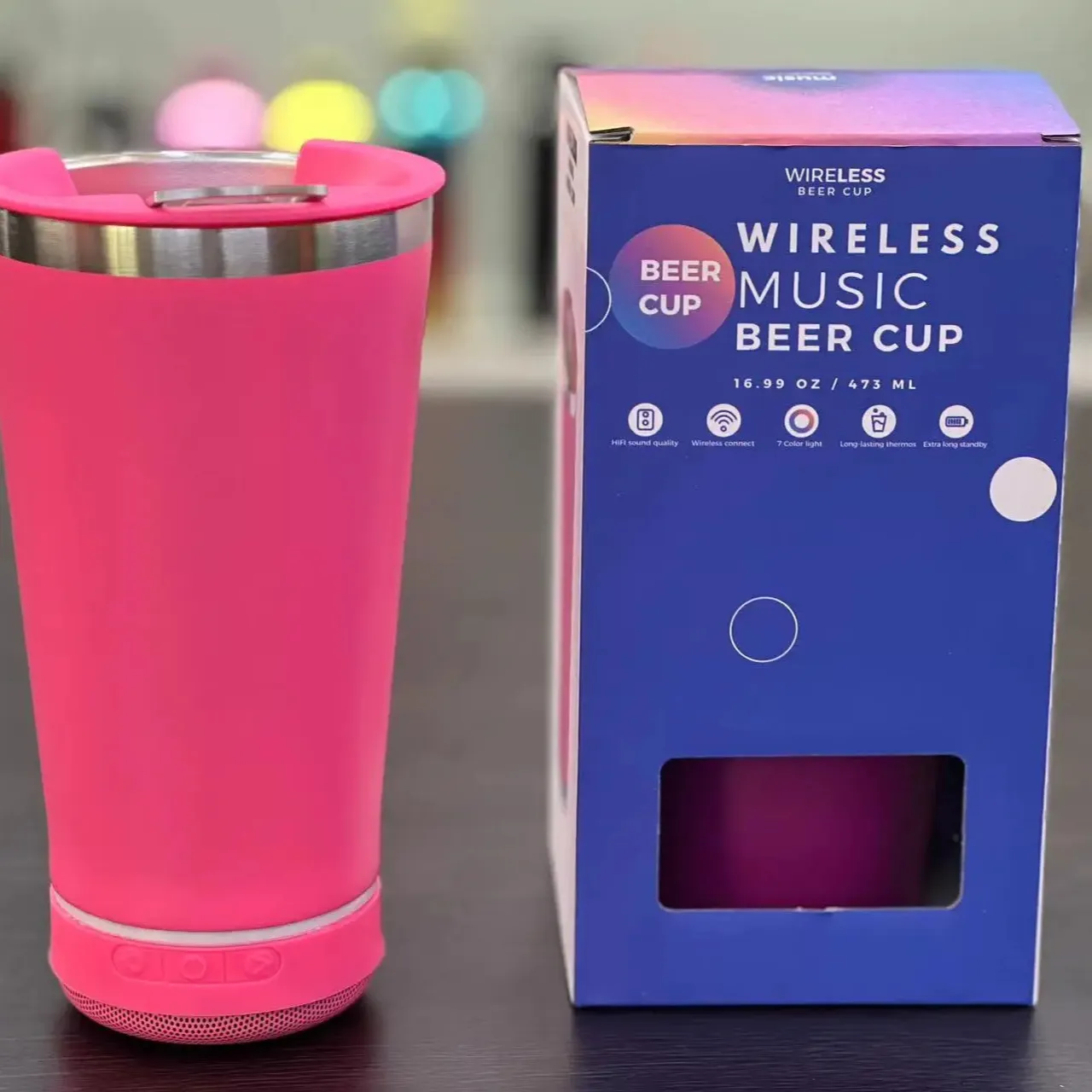 Taza de cerveza con altavoz Bluetooth de acero inoxidable de 16oz, frasco de vacío con abrebotellas y características de taza de coche