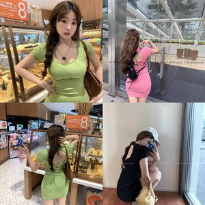 Pure And Alluring Backless Cross Back Short Sleeve Dress For Women Fruit Green Raspberry Pink Black Solid Color Daily Wear - Product Image 1