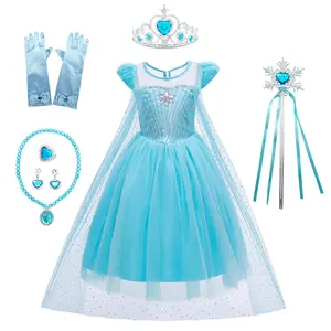 Princess Elsa Dress Set Sequins Short Sleeve Long Dress Comes With Cape Plus Costume Accessories