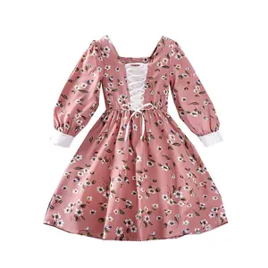 Floral Design Frocks 2023 Children Clothing Autumn New Style Lace-up Printed Skirt Long Puff Sleeved Girls Princess Dress