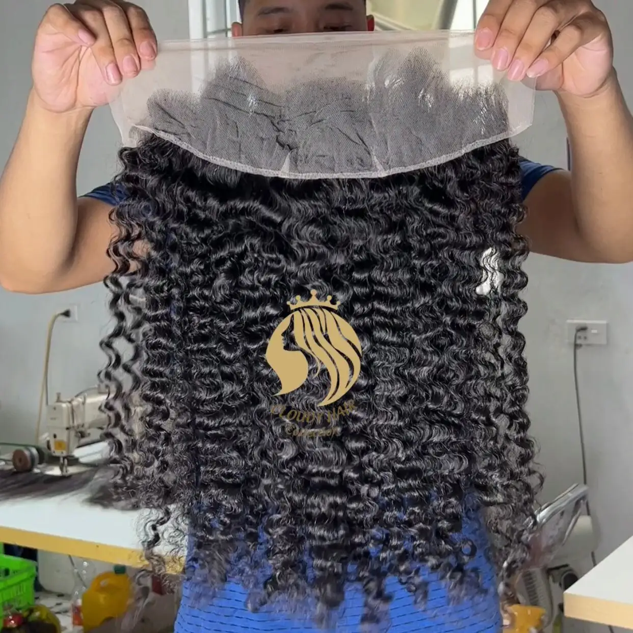 burmese curly frontal lace free part transparent single donor to make wig frontal 13x4 hand tied by Cloudy Hair Collection