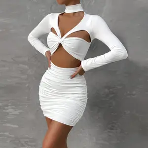 XS-L Sexy V Neck Cut Out Ruched Mini Dress Women Long Sleeve Slim Party Vestidos Spring Fall Harajuku Fairy Clothes