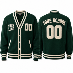 Custom Varsity <b>Cardigan</b> V-Neck Button Front College Jacket Embroidery Patch Contrast Rib Knit School <b>Men</b> Sweater - Product Image 3
