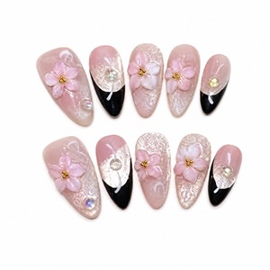 Faux ongles à presser en forme d'amande, motif fleur rose, couvrance totale, avec paillettes et strass, pré-conçus pour les doigts - Product Image 5