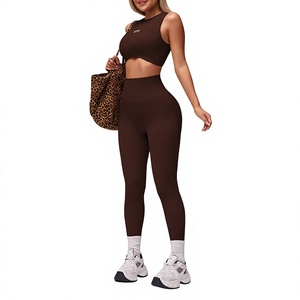Ensemble de yoga 2 pièces sans couture pour femme, couleur unie, legging taille haute, crop top dos nageur sans bretelles, respirant, polyester/nylon, pour la gym - Product Image 6