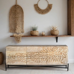 Hand-Carved Wooden <b>Sideboard</b> Cabinet with Abstract Wave Design | Natural Finish Storage Console with Metal Base - Product Image 1