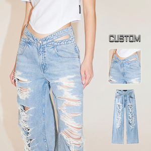 Acid Wash Distressed Baggy <strong>Jeans</strong> <strong>Custom</strong> <strong>Label</strong> Heavyweight Ladies Street Wear Distressed <strong>Jeans</strong> - Product Image 3