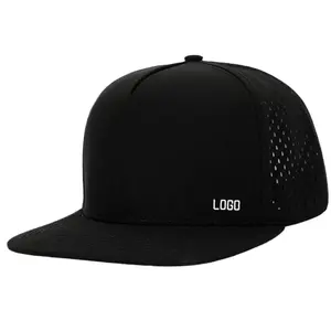 Topi Snapback 5 Panel tagihan datar cepat kering tahan air lubang potongan Laser Premium topi Hip-Hop Logo kustom