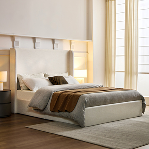 OE HOME Modern Adjustable Queen <b>Bed</b> Upholstered Wingback Platform <b>Frame</b> 54" High Oak Wood Headboard Fabric Bedroom - Product Image 1