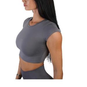 T-shirt court blanc pour femmes en gros, haut décontracté, impression sur écran, nylon/spandex, haut court ajusté, style hip-hop - Product Image 3