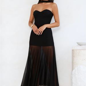 Vestido Maxi Personalizado para Mujer, sin Tirantes, con Cuello Halter, de Malla, Negro, para Fiesta o Noche - Product Image 2