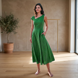 Robe d'été vintage en coton biologique pour femme, à nœud, asymétrique à une épaule, col en V, manches midi cloche, respirante, teinte unie, faite main, avec poches, pour la plage - Product Image 3