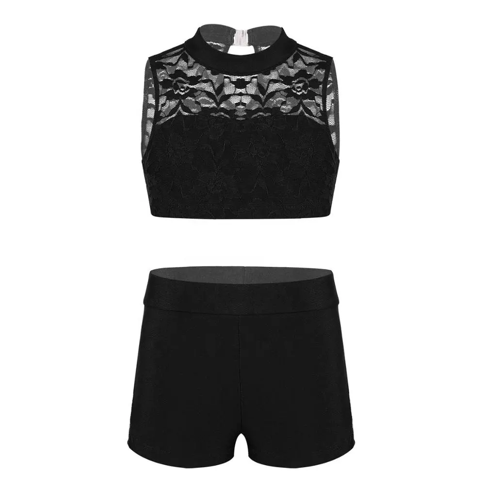 Kids Girls Athletic Outfit Acrobatic Jazz Tank Top And Shorts Floral Lace Tops Bottoms Set For Ballet Dance Gym Workout