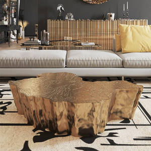 Table basse en bois de racine d'arbre de luxe italien, acier inoxydable gravé, meubles de salon, table d'appoint combinée haut-bas - Product Image 2