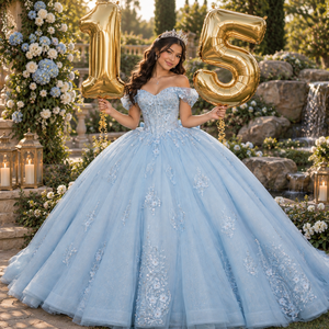 Lsdz023-Pz Impresionante Vestido de Fiesta Azul Glaciar con Cintura Natural, Ramas Florales, Estrellas Brillantes y Apliques Vintage - Product Image 1