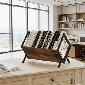 Étagère de rangement pour CD en bois, organiseur de magazines en fer et bois, organiseur de bureau multifonctionnel, décoration de la maison - Product Image 1
