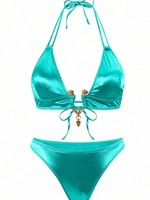 Ensemble bikini 3 pièces turquoise personnalisé pour femme, haut triangle, dos ouvert, longue jupe maxi, accent métallique en U, maillot de bain de carnaval 2026