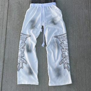 Pantalons de jogging pour hommes surdimensionnés à taille élastique, imprimés à l'écran personnalisés, avec strass, jambes larges, effet délavé au soleil, vente en gros - Product Image 4