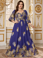 Robe de soirée élégante en mousseline de soie, grande taille, coupe aléatoire, imprimé floral, col cœur, manches longues lanternes, plissée, coupe trapèze, longueur maxi