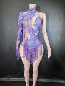 ชุดบอดี้สูททรงเอไลน์เซ็กซี่ 7G แบบไหล่เดียว สำหรับนักร้อง นักเต้น ประดับด้วยคริสตัลสีฟ้าระยิบระยับ พร้อมพู่ห้อย สำหรับการแสดงบนเวที - Product Image 2
