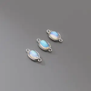 Rainbow Moonstone 925 Sterling Silver Oval Shape Bezel Connector With Double Loop For Bracelet Necklace Making