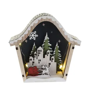 휴일 장식 LED 조명 목조 전통 크리스마스 하우스 눈 덮인 마을 장면 장식