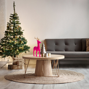 Figurine de renne rose floqué fantaisie avec bois de cerf dorés, en plastique et velours, pour décoration de table et présentation festive - Product Image 2