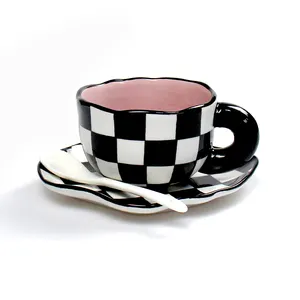 Tivray Hand Painted Checkerboard Irregular Coffee Cup And Saucer Underglaze Ceramic Personalized Tea Cup Set