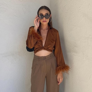 Nuovo Design femminile top in piuma camicette da donna corte in raso Sexy camicie <span class=keywords><strong>con</strong></span> fiocco - Product Image 4