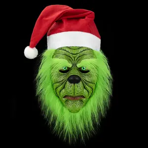万圣节面具乳胶头套 “如何偷走圣诞节” 绿色毛绒格林奇面具圣诞酒吧