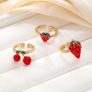 Anillos Abiertos con Diseño de Frutas, Fresa y Cereza, Joyería de Moda para Mujer, Accesorio para Fiestas - Product Image 1