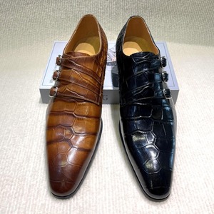 รองเท้าหนังแท้ลายจระเข้สุดหรูสำหรับผู้ชาย ดีไซน์<span class=keywords><strong>แบบ</strong></span> Monk Strap หัวแหลม เหมาะสำหรับงานทางการ ธุรกิจ หรืองานแต่งงาน - Product Image 2