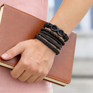 Vintage Unisex Women <b>Men</b> Black Bead PU Leather Bracelets Fashion Hollow Triangle Multi Layer Bracelet Tribal Wrap Jewelry - Product Image 2