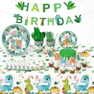 Suministros de fiesta de cumpleaños de dinosaurio de la suerte, vajilla de fiesta desechable, cartel de Feliz Cumpleaños de dinosaurio, decoración de fiesta de dinosaurio