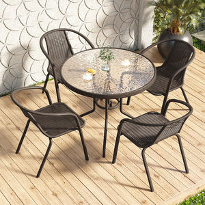 Juego de <span class=keywords><strong>mesa</strong></span> de comedor <span class=keywords><strong>y</strong></span> silla para exteriores negro Marco de metal superior de vidrio para Patio Jardín Balcón - Product Image 2