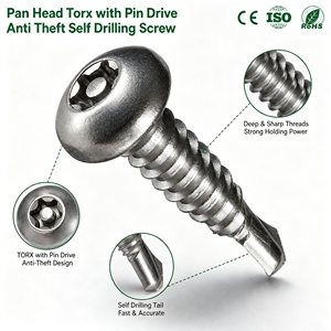 Tornillos Autorroscantes de Seguridad de Acero Inoxidable Torx con Cabeza Plana y Pino de Fijación, Resistentes a la Manipulación y Antirrobo, DIN <span class=keywords><strong>7504P</strong></span> - Product Image 2
