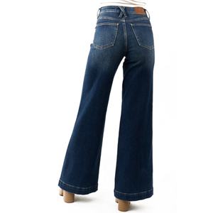 Jean en denim taille haute pour femme, coupe décontractée, jambe large, bleu foncé délavé, extensible, style évasé – Meilleure vente - Product Image 2