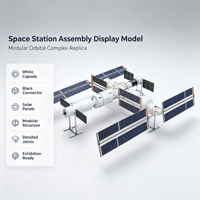 Maquette d'assemblage de station spatiale, modèle 3D, capsules blanches, connecteurs noirs, panneaux solaires bleus, structure modulaire, hôtel